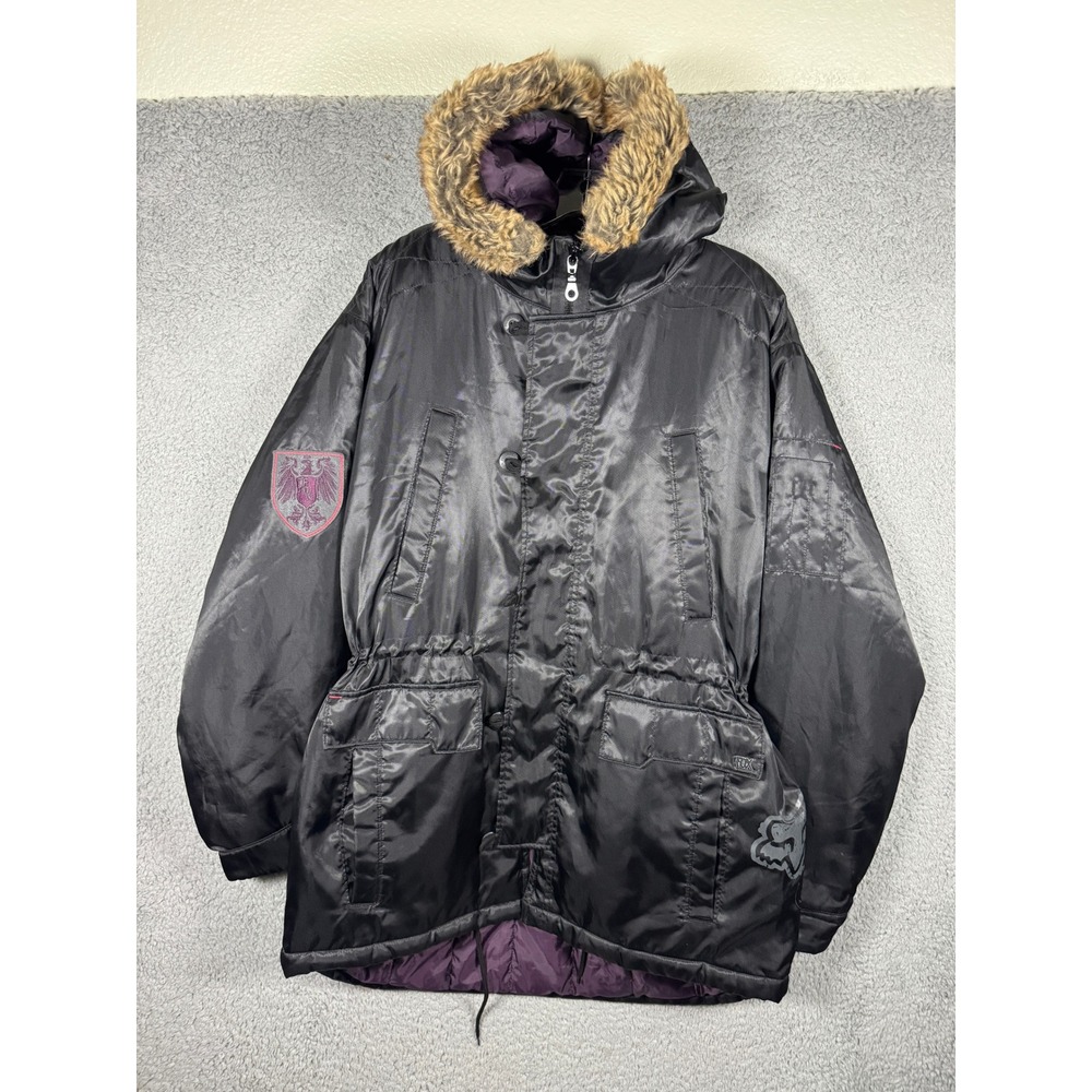 Fox Racing Riders Company Black Parka Jacket Purple Lining Faux Fur Hood XL